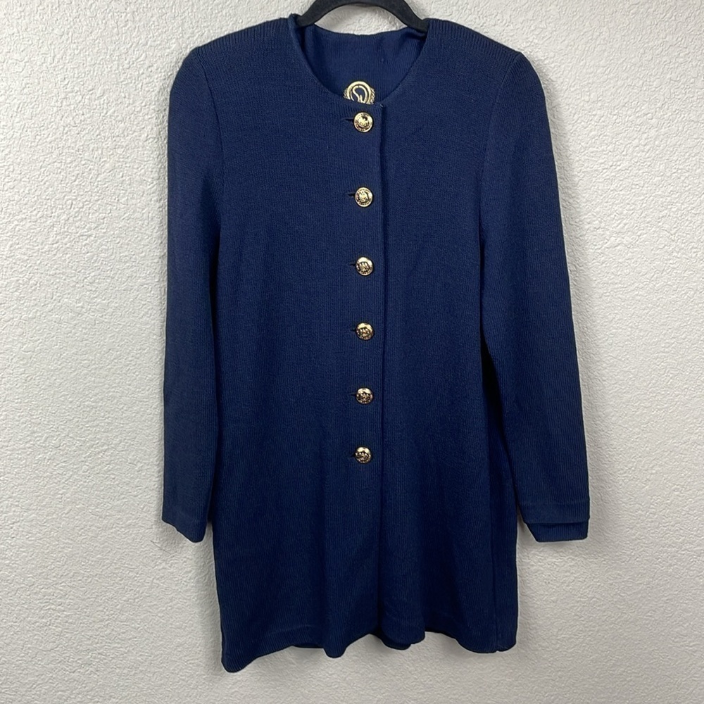 St John Signature Santana Knit Longline Cardigan Sweater Navy Blue Timeless Sz M